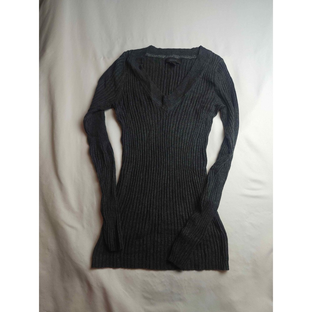 Express Womens Gray Ribbed V-Neck Long Sleeve Sweater Size Medium
